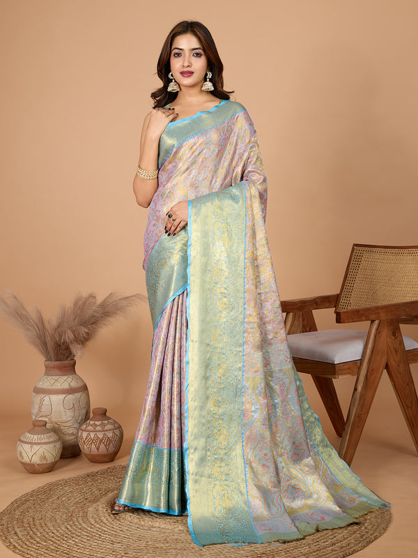 Lavender Semi Silk Zari Weaves Saree With Unstiched Blouse