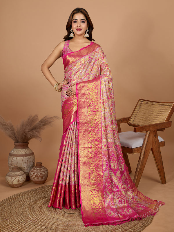 Pink Semi Silk Zari Weaves Saree With Unstiched Blouse