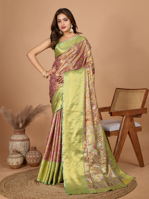 Lime Green Semi Silk Zari Weaves Saree With Unstiched Blouse