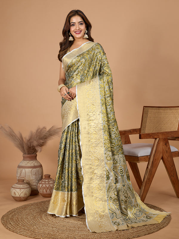Green Semi Silk Zari Weaves Saree With Unstiched Blouse