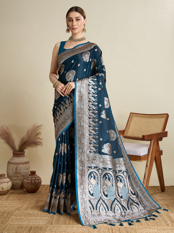 Blue Soft Silk Saree Party Wear With Unstitched Blouse