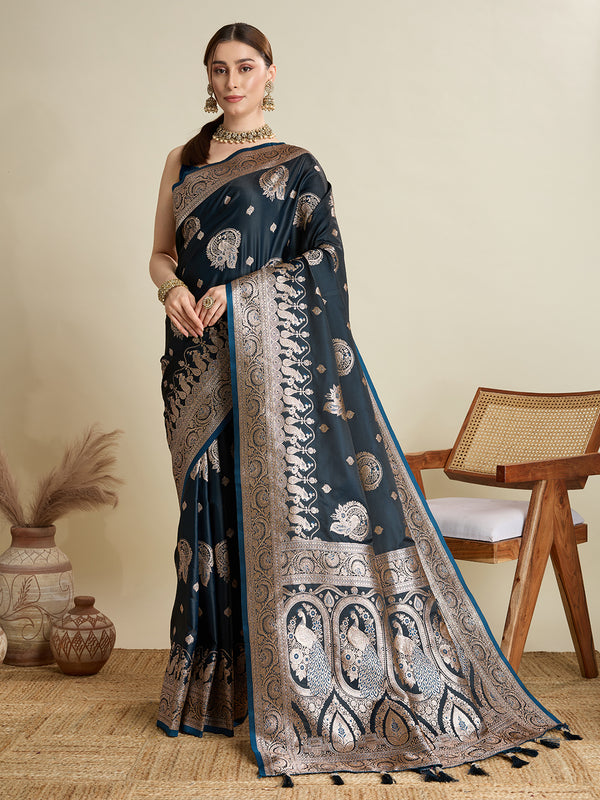 Black Soft Silk Saree Party Wear With Unstitched Blouse