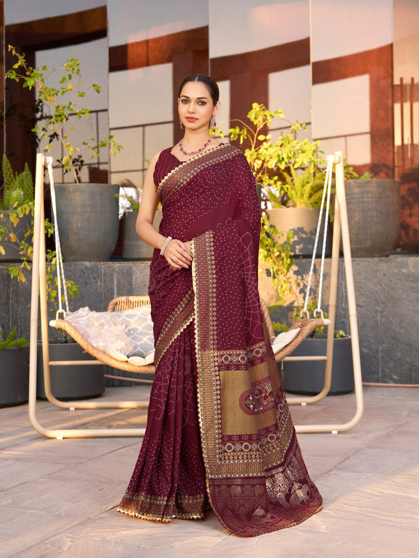 Maroon Semi Silk Zari Weaves Saree With Unstiched Blouse