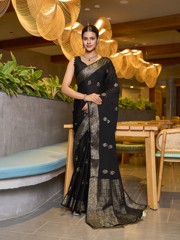 Black Chinon Soft Silk Saree With Unstiched Blouse