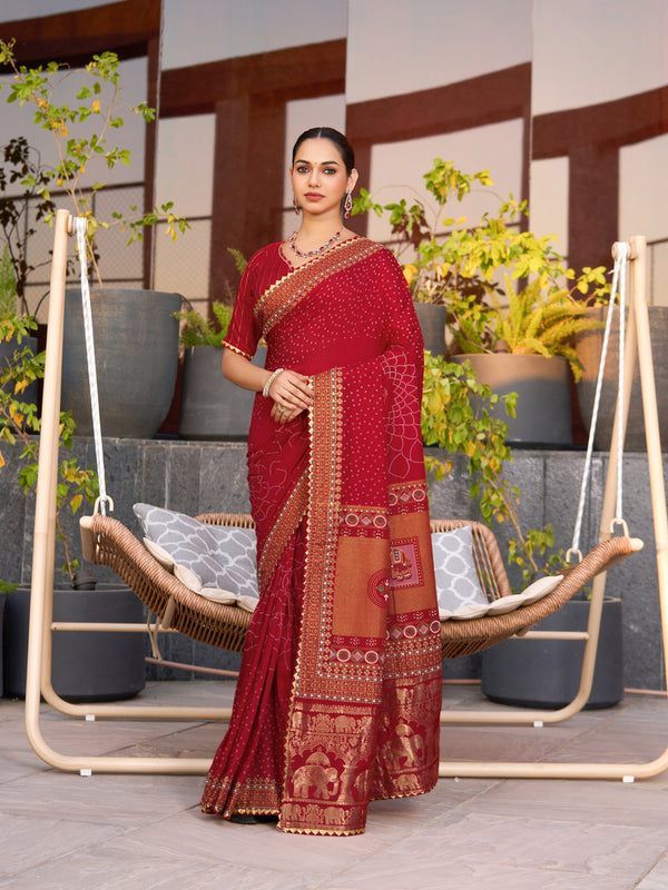 Red Semi Silk Zari Weaves Saree With Unstiched Blouse
