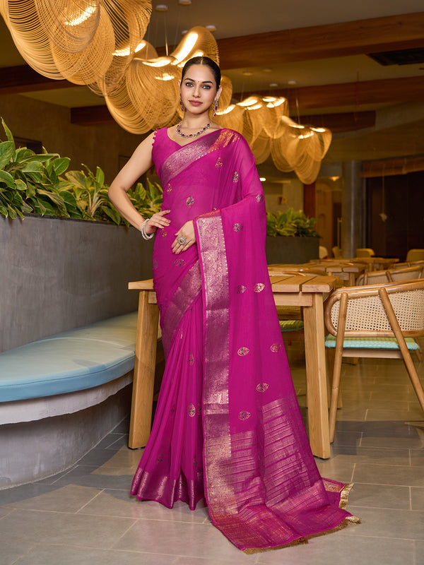 Pink Chinon Soft Silk Saree With Unstiched Blouse
