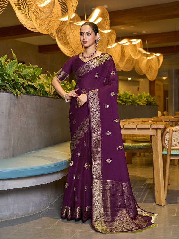 Wine Chinon Soft Silk Saree With Unstiched Blouse