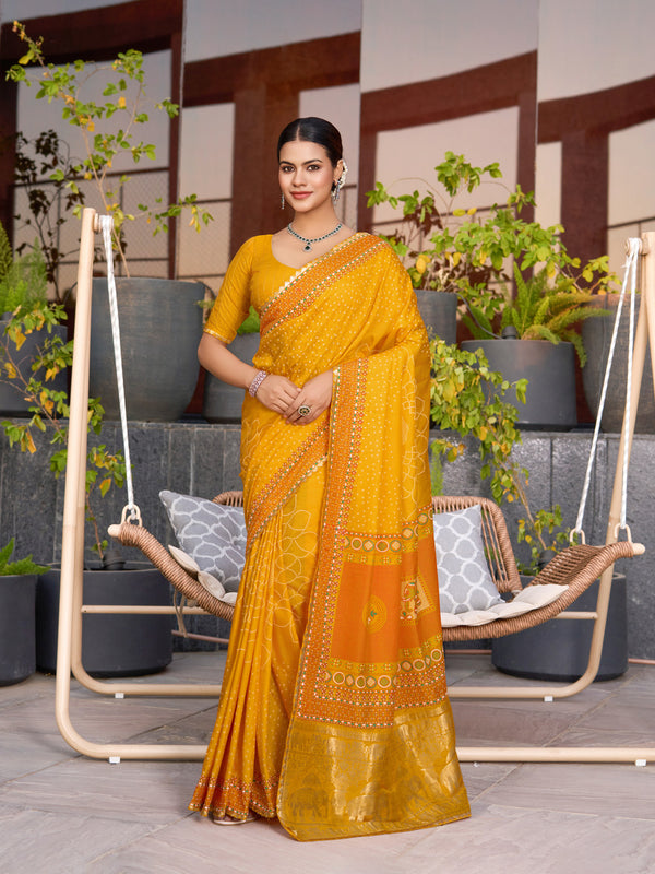 Yellow Semi Silk Zari Weaves Saree With Unstiched Blouse