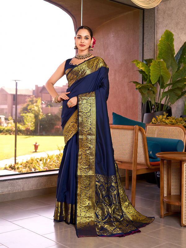 Dark Blue Banarasi Saree With Unstiched Blouse