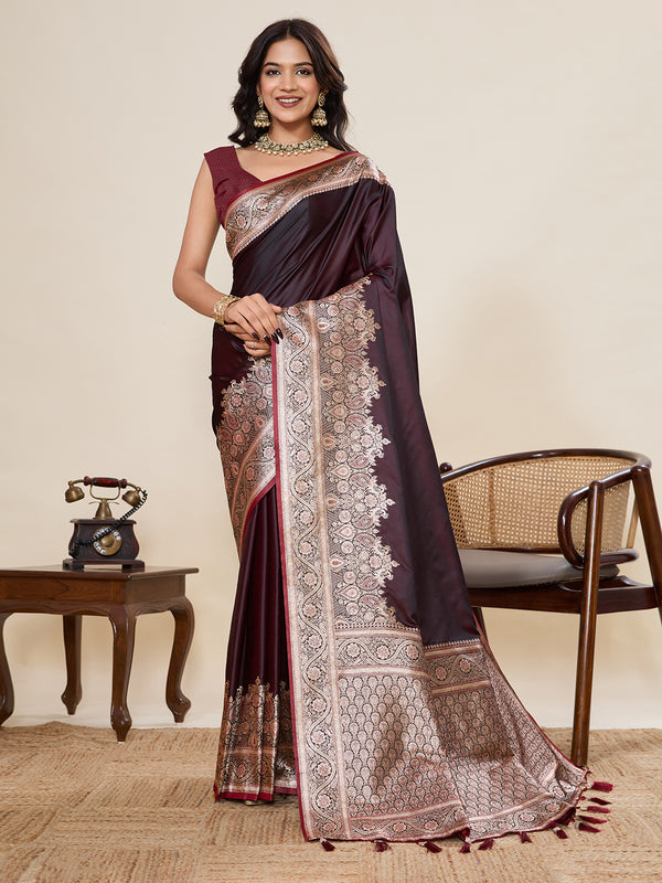 Maroon Pure Sartin Silk Saree With Unstiched Blouse