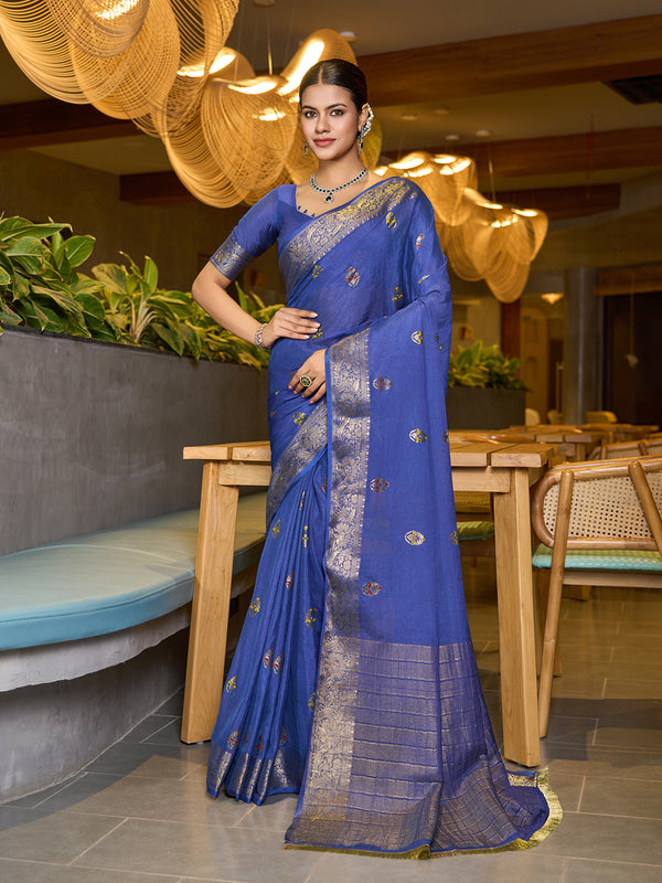 Blue Chinon Soft Silk Saree With Unstiched Blouse
