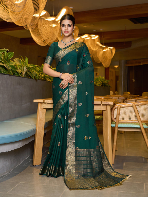 Green Chinon Soft Silk Saree With Unstiched Blouse
