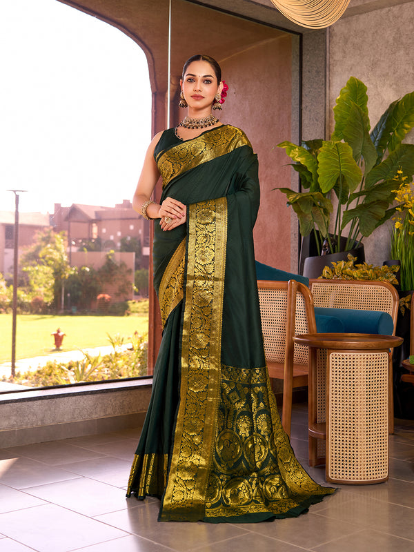 Green Banarasi Saree With Unstiched Blouse