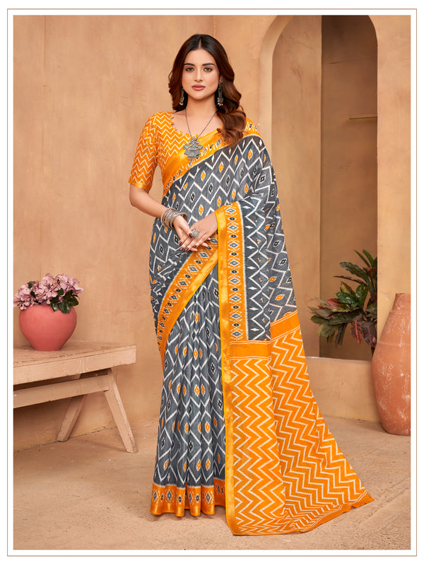 Orange & Black Soft Cotton Saree With Unstiched Blouse