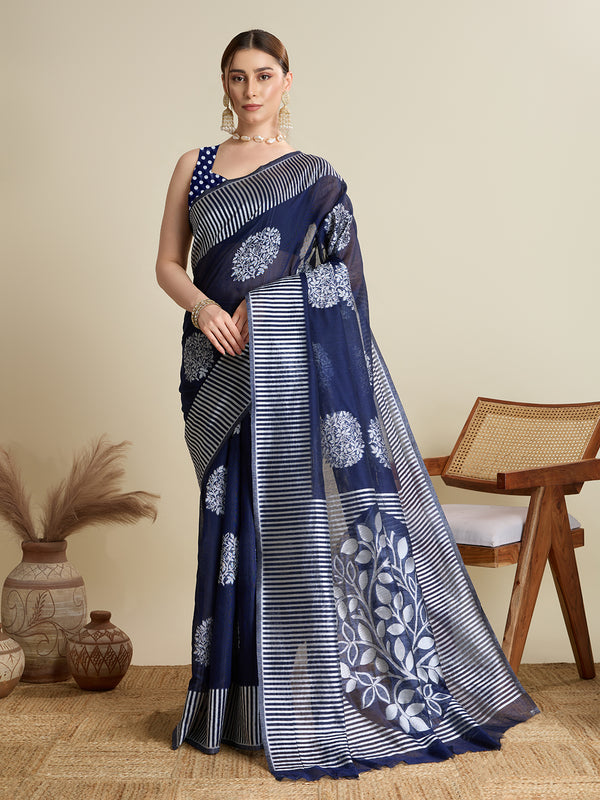 Blue Soft Silk Saree Party Wear With Unstitched Blouse