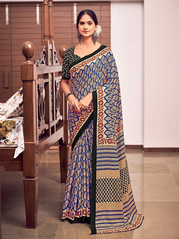 Blue And Red Mulmul Cottons Saree With Unstitched Blouse