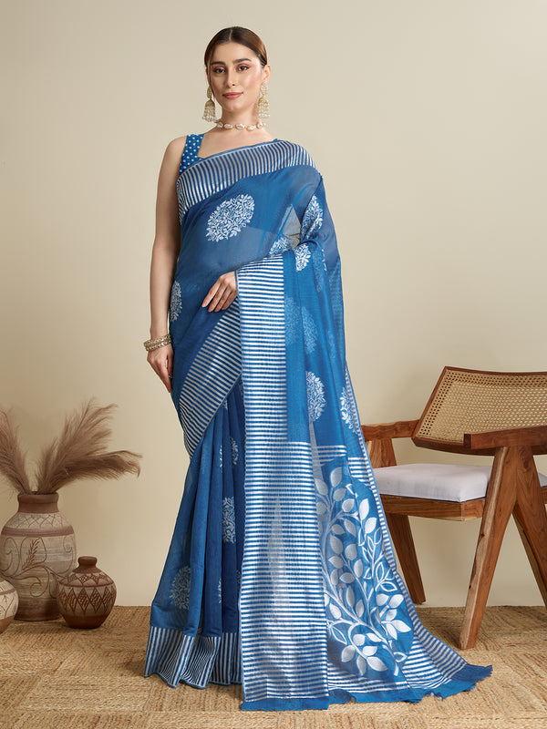 Sky Soft Silk Saree Party Wear With Unstitched Blouse