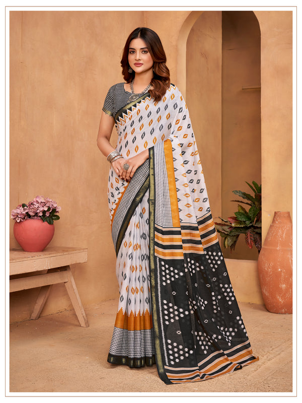 Off White Soft Cotton Saree With Unstiched Blouse