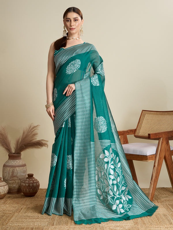 Green Soft Silk Saree Party Wear With Unstitched Blouse
