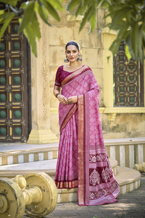 Pink Soft Cotton Saree With Unstiched Blouse