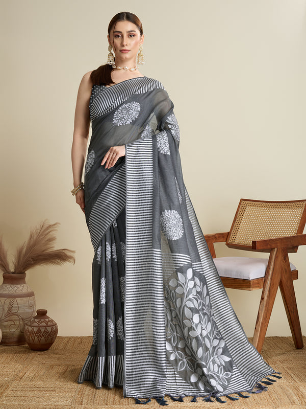 Light Black Soft Silk Saree Party Wear With Unstitched Blouse