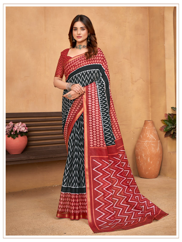 Red & Black Soft Cotton Saree With Unstiched Blouse