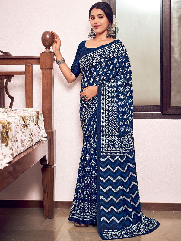 Blue  Mulmul Cottons Saree With Unstitched Blouse