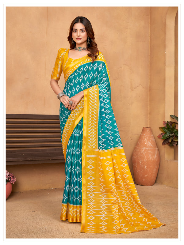 Yellow & Blue Soft Cotton Saree With Unstiched Blouse