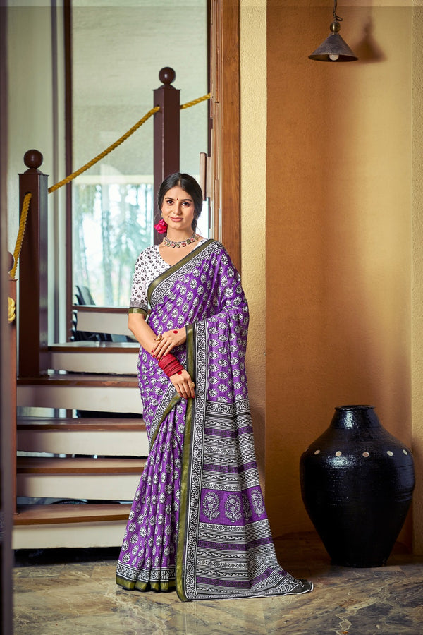 Lavender Soft Cotton Saree With Unstiched Blouse