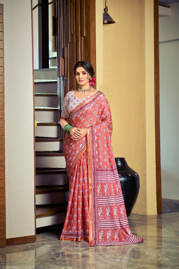 Orange Soft Cotton Saree With Unstiched Blouse