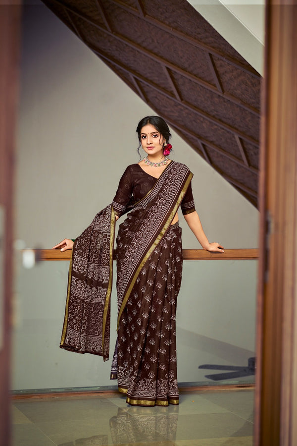 Coffee Brown Soft Cotton Saree With Unstiched Blouse