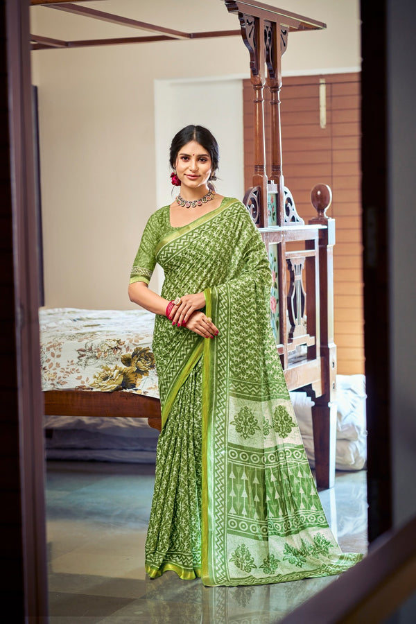 Green Soft Cotton Saree With Unstiched Blouse