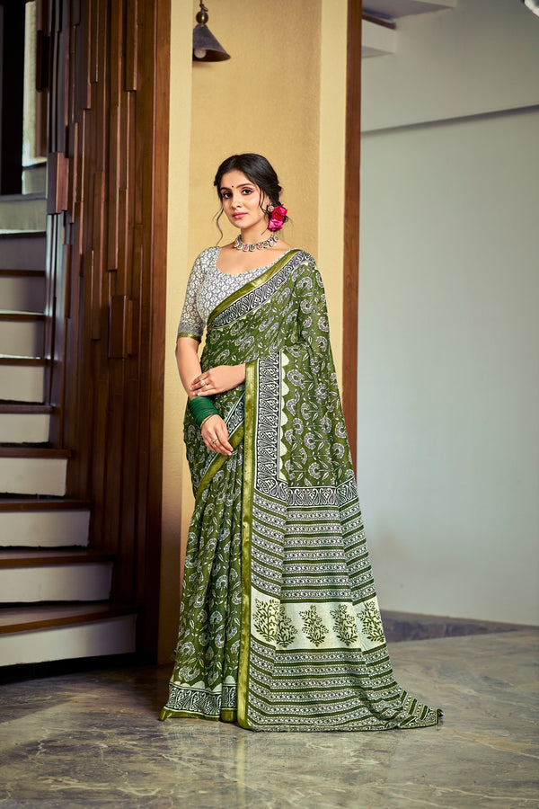 Lime Green Soft Cotton Saree With Unstiched Blouse