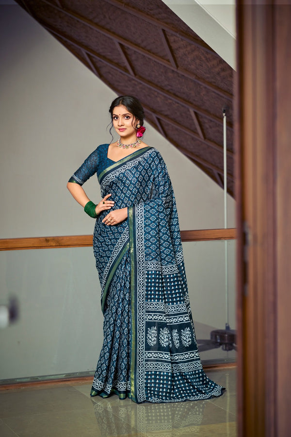 Indigo Blue Soft Cotton Saree With Unstiched Blouse
