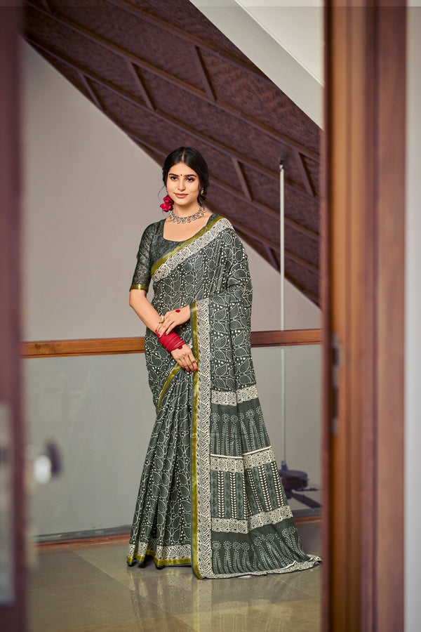 Dark Green Soft Cotton Saree With Unstiched Blouse