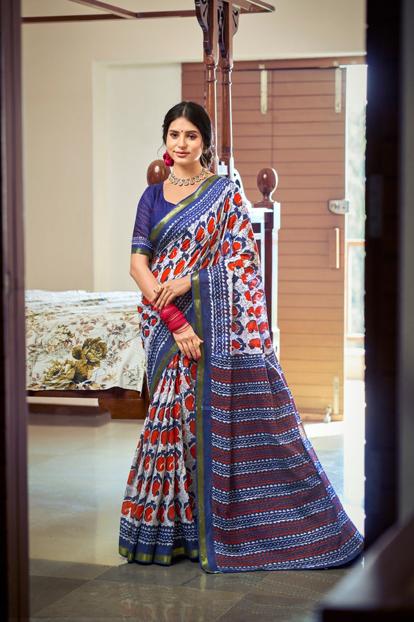 Multicolour Soft Cotton Saree With Unstiched Blouse