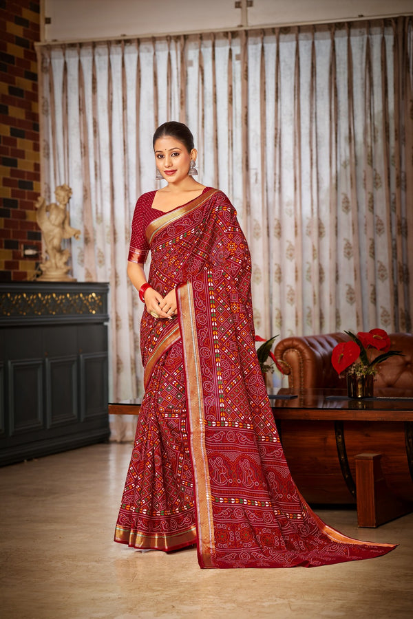 Dark Red Soft Cotton Saree With Unstiched Blouse