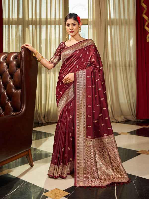 Maroon Silk Saree With Unstitched Blouse