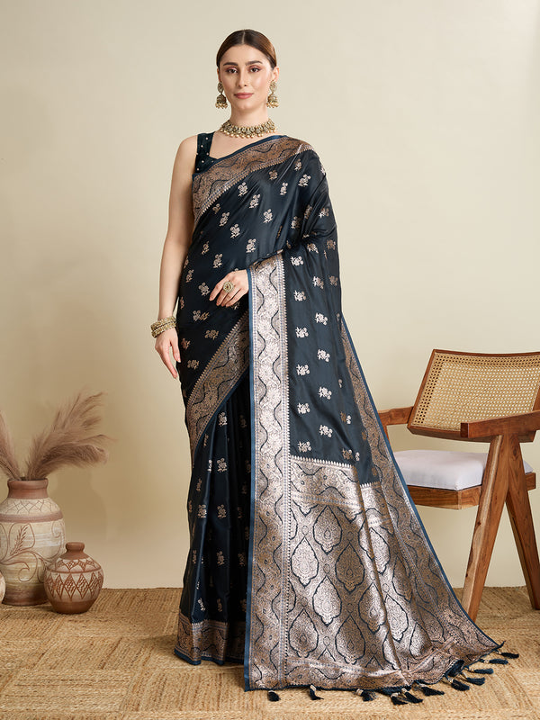 Black Soft Silk Saree Party Wear With Unstitched Blouse
