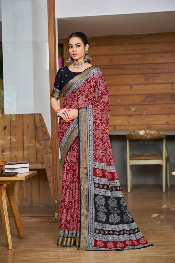 Maroon Soft Cotton Saree With Unstiched Blouse