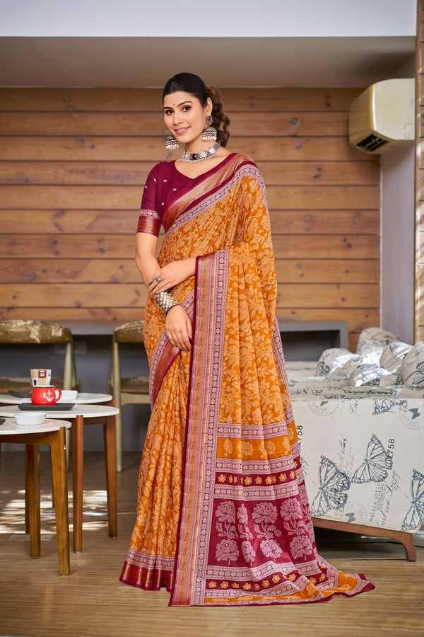 Orange Soft Cotton Saree With Unstiched Blouse