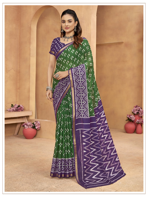 Green Soft Cotton Saree With Unstiched Blouse