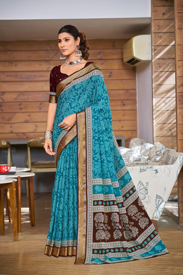 Blue Soft Cotton Saree With Unstiched Blouse