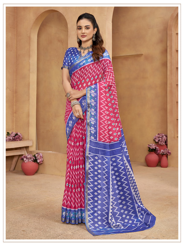 Pink Soft Cotton Saree With Unstiched Blouse