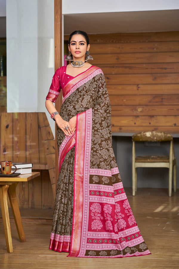 Coffee Brown Soft Cotton Saree With Unstiched Blouse