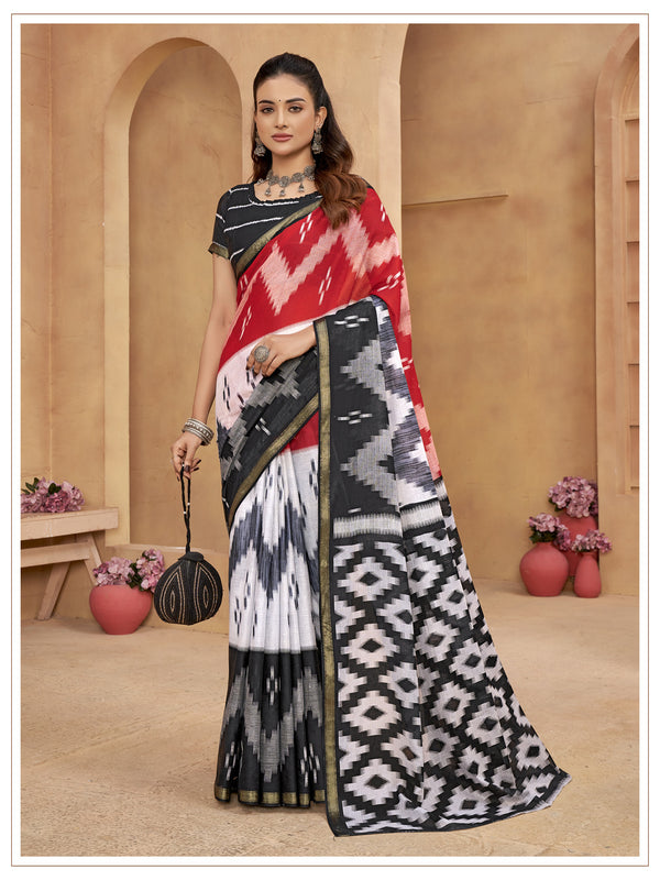 Red Soft Cotton Saree With Unstiched Blouse