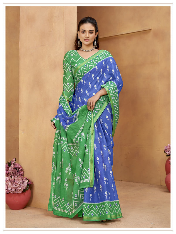 Green & Blue Soft Cotton Saree With Unstiched Blouse