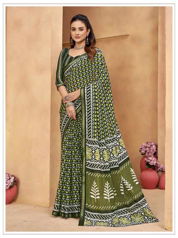 Green Soft Cotton Saree With Unstiched Blouse