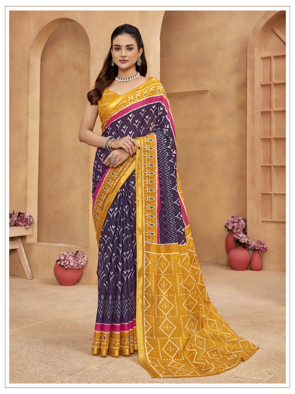 Yellow & Wine Soft Cotton Saree With Unstiched Blouse