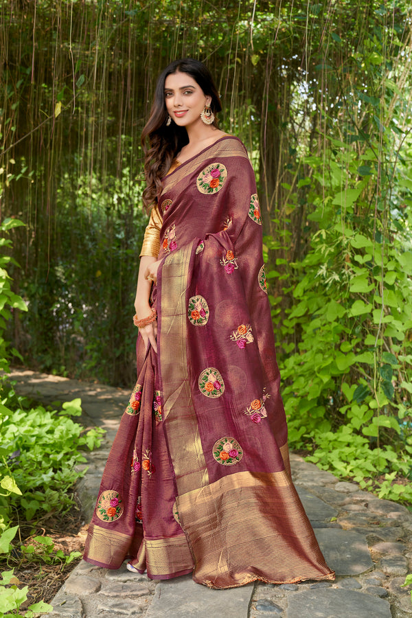 Maroon Cottonâ  Saree With Cotton Zariâ  Blouse With Unstitched Blouse